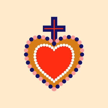Mexico sacred heart with Christian cross symbol. Jesus love and Mexican culture tattoo, patch or apparel vector print. Latin America spiritual decoration or print with sacred heart and crossのイラスト素材