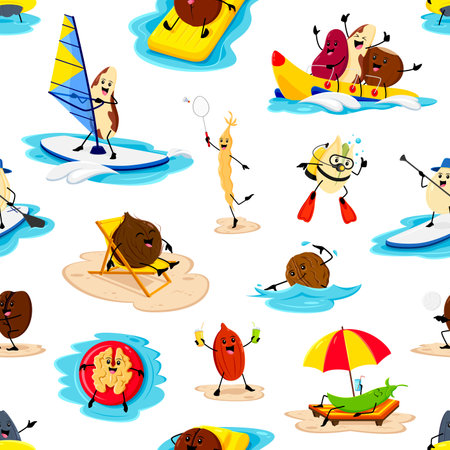 Cartoon cheerful nuts and beans seamless pattern. Vector tile background with coconut, brazil, soy or coffee beans, sunflower or pumpkin seeds and peanut. Green pea, walnut and kidney on the beachのイラスト素材