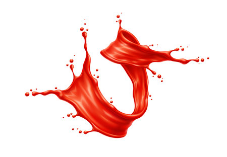 Tomato red juice or ketchup sauce tornado swirl splash. Vector 3d tomato vegetable food condiment, juice drink or ketchup sauce realistic spiral flow with red juicy drops, splatters and smooth textureのイラスト素材