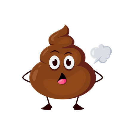 Cartoon poop emoji, funny poo excrement character, happy toilet shit emoticon emitting gas cloud humorously. Isolated vector cheeky comical brown stool personage fart with a mischievous surprised faceのイラスト素材