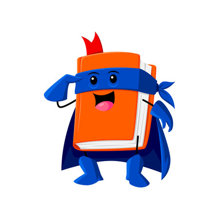 Cartoon textbook school supply superhero and defender character. Isolated vector book dynamic personage with bookmark and pages, filled with knowledge, empowers students on their educational questsのイラスト素材