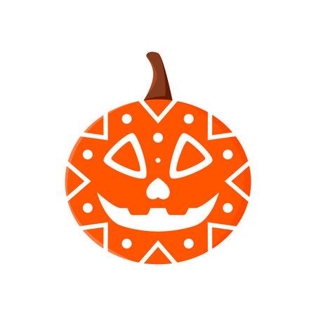 Halloween mexican pumpkin carving smiling face. Halloween smiling Jack o lantern symbol or icon, Mexico holiday funny pumpkin face or Mexican Day of the Dead carving skull vector decoration or tattooのイラスト素材