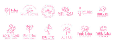Lotus flower minimal emblem, extract and cosmetics. Isolated vector elegant emblems set, symbolizing purity, ideal for cosmetic and skincare brands, capturing the essence of natural, radiant beautyのイラスト素材