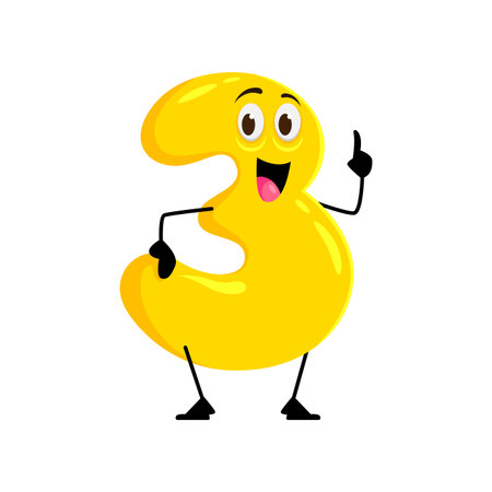 Cartoon math number three character with expressive eyes and cute charming smile, showing pointing gesture. Isolated vector funny yellow digit 3 personage perfect for children mathematics educationのイラスト素材