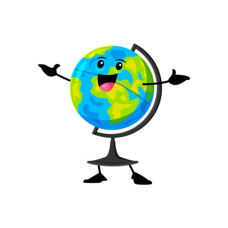 Cartoon cheerful funny school globe character. Isolated vector jovial stationery personage, sports a wide grin, standing with outstretched arms, radiating cheerfulness in its educational adventuresのイラスト素材