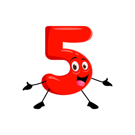Cartoon funny math number five character. Isolated vector cheerful 5 figure with wide eyes and big smile radiating positivity. Playful, vibrant red personage embodies the essence of fun and excitementのイラスト素材