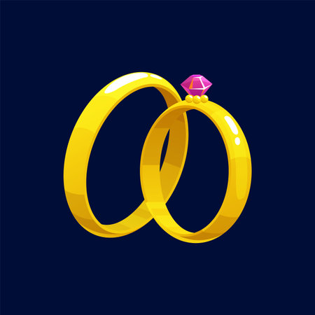 Cartoon wedding rings pair with pink gemstone. Isolated vector symbol of eternal love and commitment, encapsulating the cherished memories and promises shared between two souls united in matrimonyのイラスト素材