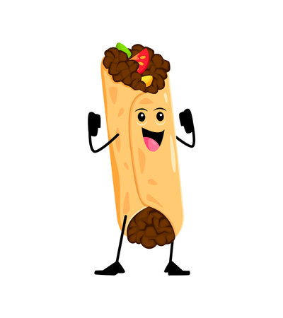 Cartoon cheerful burrito funny takeaway fast food character. Isolated vector mexican meal made of corn or wheat tortilla with grilled chicken meat and fresh vegetables. Tex mex fastfood, Mexico dishのイラスト素材