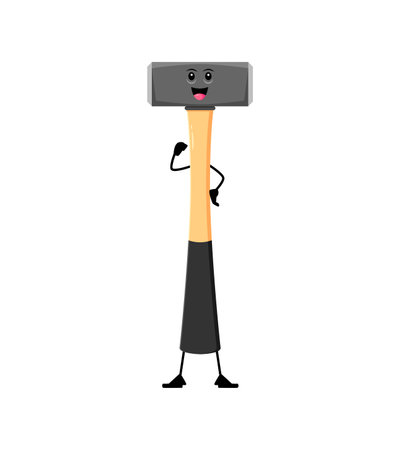 Cartoon funny sledgehammer diy, building and repair tool character. Isolated vector personage with happy grin, sturdy handle, and tough demeanor, ready for action with a playful yet powerful presenceのイラスト素材