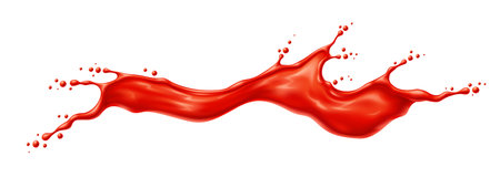 Red wave of tomato juice or ketchup sauce splash in long flow spill, realistic vector. Red paint, wine or berry jam and fruit syrup wave splash with drops splatter for dessert sauce and tomato ketchupのイラスト素材