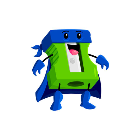 Cartoon pencil sharpener school supply superhero and defender character. Isolated vector stationery personage with cheerful grin, caped in mask and cape, ready to sharpen pencils with lightning speedのイラスト素材