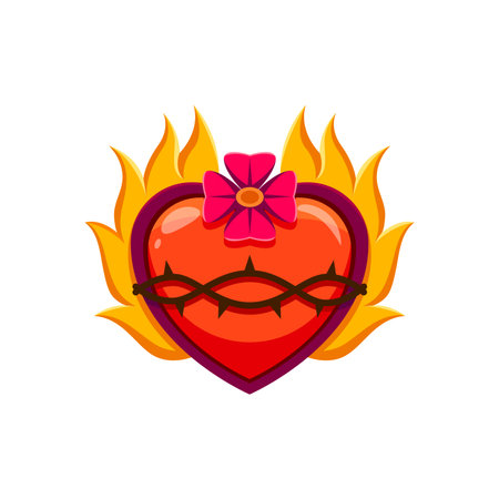 Mexico sacred Jesus heart retro sticker or cartoon icon. Mexico tattoo, Latin America culture apparel print or Christian religion sacred heart symbol with fire, crown of thorn and clover flowerのイラスト素材
