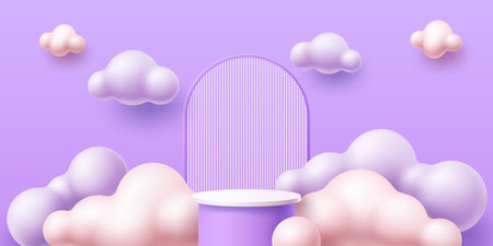 Kid podium with clouds, baby children 3D stage or product display stand, vector background. Pastel purple platform podium with bubble balloon clouds and arch scene on wall for kid toys displayのイラスト素材