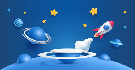 3D kid podium stage with space rocket, galaxy planets and stars, vector product display. Kids podium...
