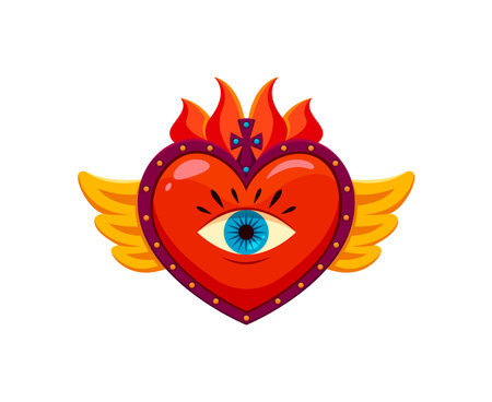 Mexican sacred heart with eye and wings retro icon. Latin America culture sacred symbol, Mexican spiritual decoration or isolated heart vector print or icon with flames, cross, eye and golden wingsのイラスト素材