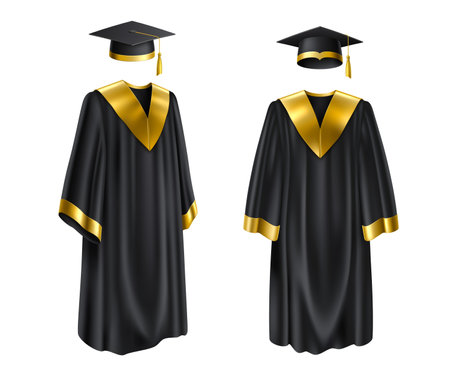 Isolated realistic graduation gown and cap. 3d vector apparel for degree ceremony in University. Black formal robe with golden decor and mortarboard with a tassel symbolizing academic achievementのイラスト素材
