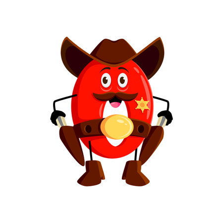 Cartoon math number zero cowboy, ranger or sheriff, character. Isolated vector 0 personage armed with a revolver, enforces numerical order and justice in the whimsical world wild west of mathematicsのイラスト素材