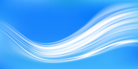 Fresh air flow, white wind waves effect on blue background. Vector abstract light motion trails, fresh cold air blowing from conditioner or cooler, evoking a sense of chill, tranquility and calmのイラスト素材