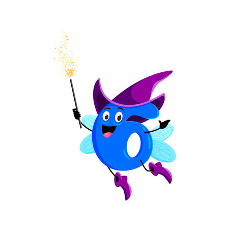 Cartoon math number six Halloween wizard, witch and mage character. Isolated vector whimsical 6 fairy numeric personage wields a sparkling wand, casting enchanting equations with a mischievous grinのイラスト素材