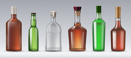 Realistic alcohol glass bottles. Scotch and beer, gin and bourbon, absinthe, brandy bottles. Vector containers designed to store and transport alcoholic beverages, preserving their quality and flavorのイラスト素材