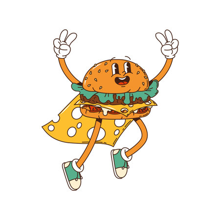 Groovy burger cartoon character, hippie cheeseburger with happy face, vector fast food. Groovy burger superhero in cheese mantle, cartoon funky cheeseburger jumping with peace fingers gestureのイラスト素材
