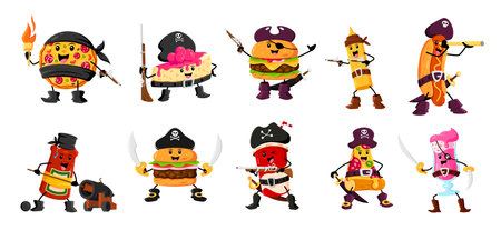 Cartoon fast food pirate and corsair characters. Isolated vector pizza, cheesecake, burger and mustard bottle. Hot dog, ketchup, cheeseburger or soda drink with cocktail filibuster personagesのイラスト素材