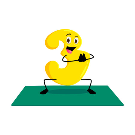 Cartoon math number three character on yoga fitness sport. Isolated vector whimsical vibrant digit 3 joyfully practices asana poses, blending fun and education in a delightful mathematical adventureのイラスト素材