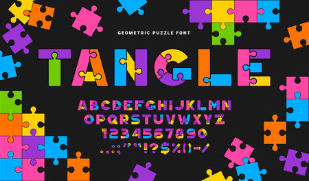 Puzzle game font, quiz type, jigsaw typeface, geometric English alphabet, resembling jigsaw pieces. Vector letters, numbers and signs connect seamlessly, creating vibrant childish cohesive typescriptのイラスト素材