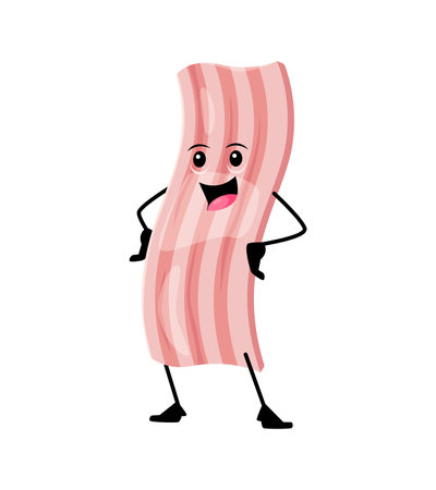 cartoon cheerful bacon breakfast character, sporting a sunny-side-up smile, sizzles with joy, bringing crispy delight to the breakfast table. Isolated vector food personage rejoice with arms akimboのイラスト素材