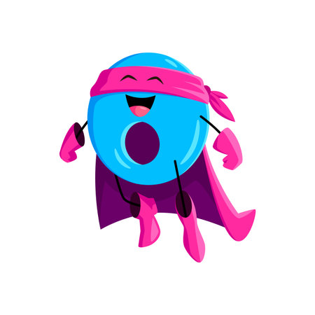 Cartoon math number null zero superhero character. Isolated vector school numeral 0 vigilante personage featuring playful smiling face and bright blue color, perfect for children educational gamesのイラスト素材