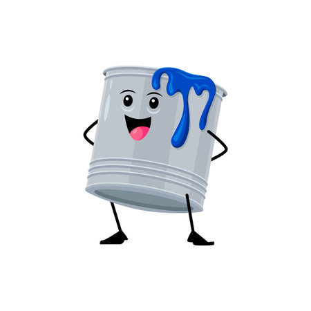 Cartoon funny paint bucket diy, building and repair tool character. Isolated vector personage with a cheerful face and dripping, ready for creative adventures, bright colors burst artistic vibrancyのイラスト素材