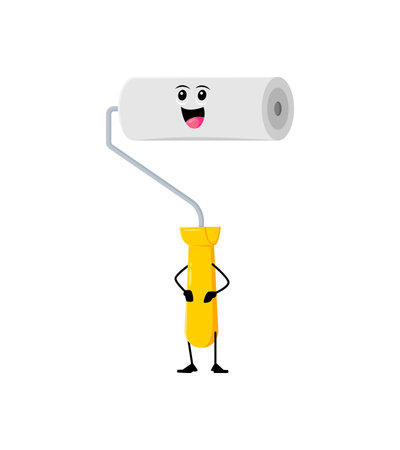 Cartoon funny wallpaper roll diy, building and repair tool character. Isolated vector cheerful personage with a smiling face, eagerly awaits its role in transforming walls with creativity and charmのイラスト素材