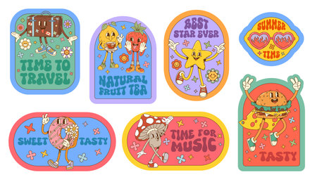Cartoon retro groovy stickers with funny characters. Vector patches set with comic suitcase, lemon and strawberry, star, burger and donut, amanita mushroom and sunglasses, funky trippy personagesのイラスト素材