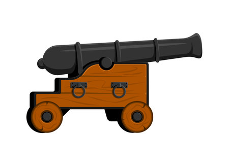 Cartoon cannon, isolated vector vintage pirate weapon of war, poised for battle. Retro, antique military artillery piece, reminiscent of medieval and corsair warfare, ready to fire its iron cannonballのイラスト素材
