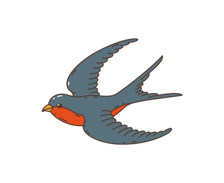 Cartoon retro groovy hippie swallow bird. Isolated vector martlet with black and red feathers flying with outspread wings. Nostalgic symbol of spring, freedom and peace, groove, hippy styleのイラスト素材