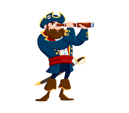 Cartoon sea pirate sailor and corsair captain character. Isolated vector rover personage peers intently through a spyglass, with saber on belt, tricorn hat, and mischievous grin under a bushy beardのイラスト素材