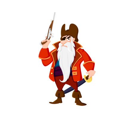 Cartoon sea pirate and corsair captain character with gun. Isolated vector rugged fearsome personage with tricorn hat, long white beard and eye patch, clutching a flintlock pistol, ready for adventureのイラスト素材