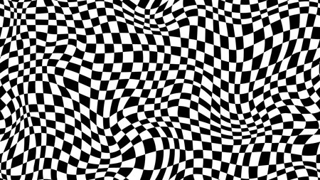 Trippy checkerboard background, wavy checker pattern, optical illusion. Vector seamless black and...