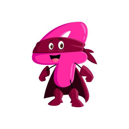 Cartoon math number four superhero character. Isolated vector playful and charming 4 figure. Mathematics numeric super hero personage with big round eyes, a cheerful smile, and iconic defender attireのイラスト素材