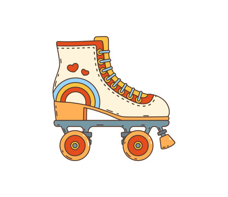 Cartoon retro groovy hippie roller skate. Isolated vector vibrant, wheeled boot, adorned with rainbow and hearts patterns. Vintage rollerblade shoe embodying free-spirited funky vibes of 60s and 70sのイラスト素材