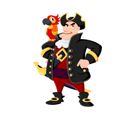 Cartoon sea pirate and corsair captain character with parrot. Isolated vector charismatic buccaneer personage in traditional hat and costume, confidently stands with colorful bird perched on shoulderのイラスト素材