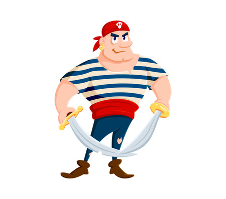 Cartoon sea pirate or corsair sailor character. Isolated vector personage with cunning grin, wearing tattered attire, brandishing gleaming swords, ready for high-seas adventures and daring exploitsのイラスト素材