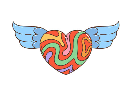 Cartoon retro groovy hippie winged heart with bold, swirling, vibrant, psychedelic colors. Isolated vector symbol encapsulates free spirit of the 60s and 70s hippie movement, love or Valentines dayのイラスト素材