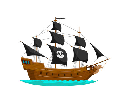 Cartoon sea pirate sailing ship. Old frigate with black billowing sails, quirky jolly roger, flag, and wooden hull. Isolated vector whimsical brigantine on ocean waves, ready for high seas adventureのイラスト素材