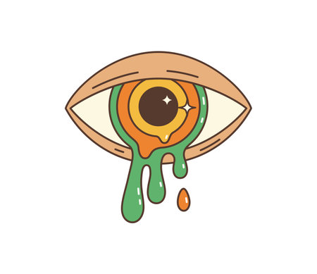 Cartoon retro groovy hippie eye with melting colorful psychedelic retina. Vector trippy, rave weed, lsd, cannabis, marijuana, acid groove and drug element with flowing or liquid pupil and open eyelidのイラスト素材