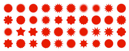 Red straburst sale price labels, stickers and seals. Isolated vector set of rosettes and sunbursts, callout or splash, stamps, tags and badges. Circular patches with jagged edges for promo advertisingのイラスト素材
