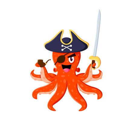 Cartoon sea octopus pirate corsair animal character with sabers. Isolated vector comic devilfish personage with smoking pipe and sword in tentacles, wears evil smile, eye patch and captain tricorn hatのイラスト素材