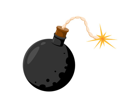 Cartoon bomb with a lit fuse and sparks. Isolated vector spherical bomb indicating imminent detonation. Rope wick burns rapidly, promising a powerful explosion. Danger weapon, vintage medieval grenadeのイラスト素材