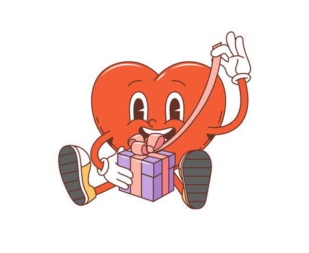 Cartoon groovy Valentine heart character with gift in retro 70s hippie art, vector comic personage. Groovy heart with funny face unpacking love gift box for wedding or Valentine day holiday emojiのイラスト素材