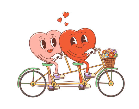 Cartoon groovy Valentine heart couple characters on bicycle, vector retro 70s hippie art. Happy heart couple in love riding tandem bicycle with flowers basket, wedding or Valentine day holiday emojiのイラスト素材